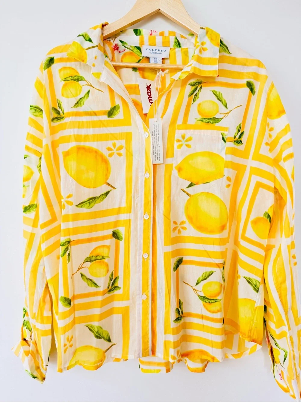NWT Calypso St. Barth Lemon Print 100% Cotton Button Front Shirt XL Resort - Picture 2 of 8